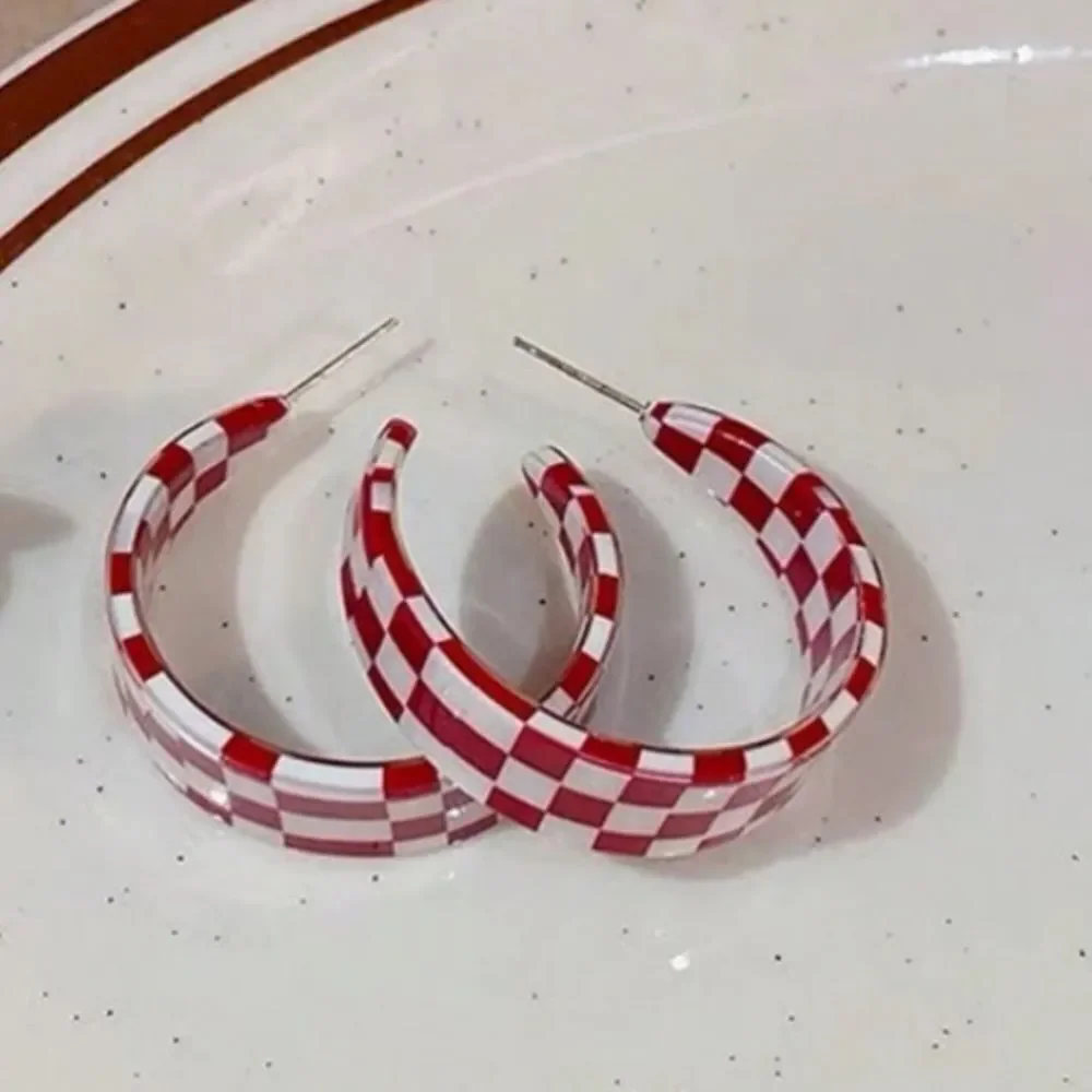 3for$20 1pair Black & White Checkered Minimalist C-Shaped Hoop Earrings